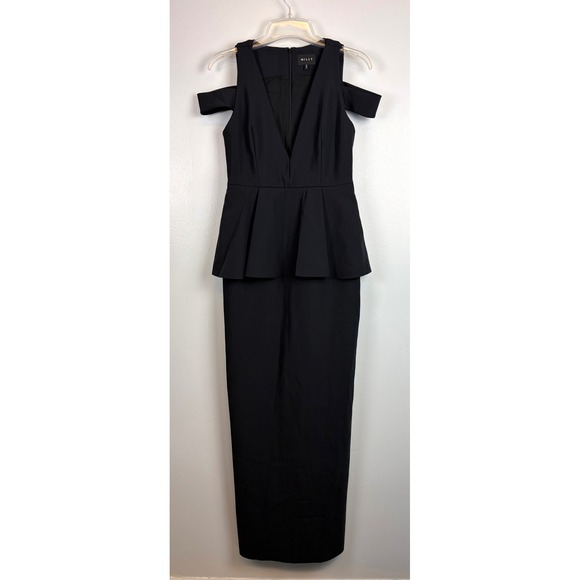 open lace back dress Women's Solid Deep V-Neck Peplum Maxi Dress | Color: Black main image 1